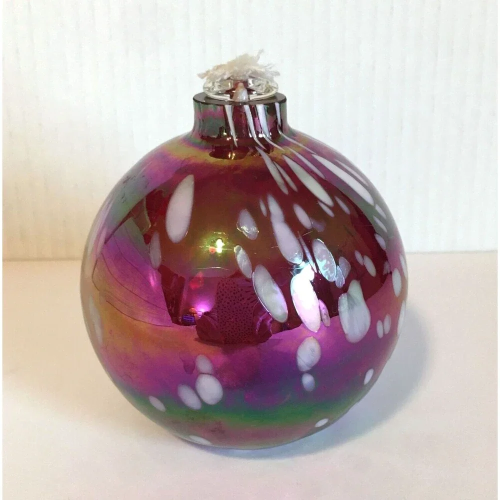 Pottery Barn Glass Oil Lamp Red White Hand Blown Art Glass Unused Iridescent